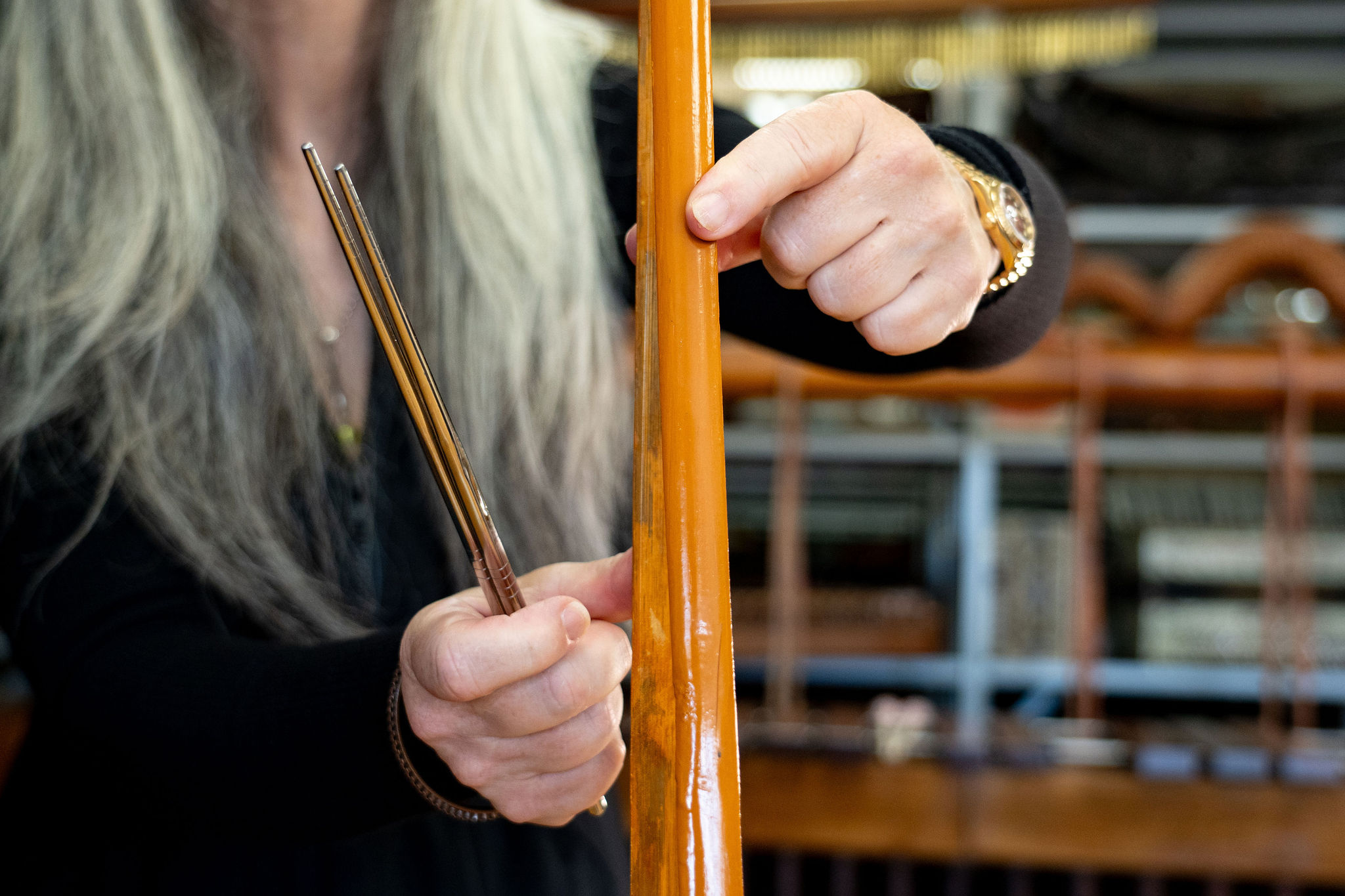 Evelyn's hands, playing an Ektar, from The Evelyn Glennie Collection.