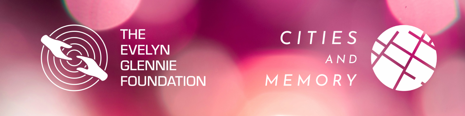 A decorative header image featuring a purple bookeh background, and the Evelyn Glennie Foundation Logo on one side and the Cities and Memory logo on the other